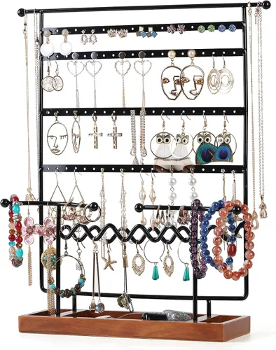 Soporte organizador de aretes organizador de aretes con bandeja de madera soporte de joyería para collares aretes pulseras relojes y anillos soporte