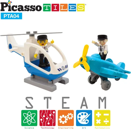 Miniatura 3 de PicassoTiles Figuras de avión + 80 piezas de azulejos magnéticos de diamante + 2 piezas para automóvil, paquete de expansión de 4 imanes de acción