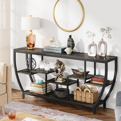 Miniatura 5 de Tribesigns Mesa de sofá de 70.9 pulgadas de largo con estantes, mesa consola rústica con almacenamiento, mesa de entrada industrial, soporte de TV