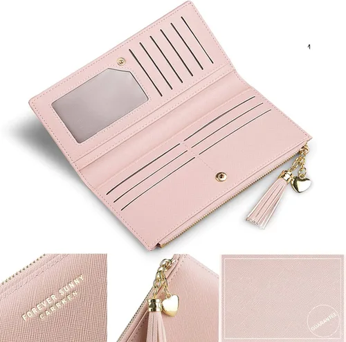 Miniatura 3 de SUMGOGO Cartera delgada para mujer con borla larga con cremallera y embrague monedero bolso tarjetero (rosa)