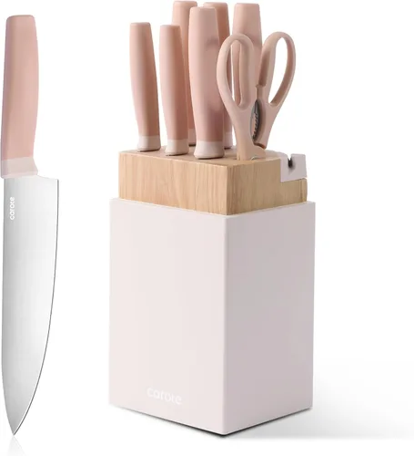 CAROTE Juego de 9 piezas de cuchillos de cocina con bloque y afilador, cuchillos aptos para lavavajillas para cocina, cubiertos forjados con Rosa
