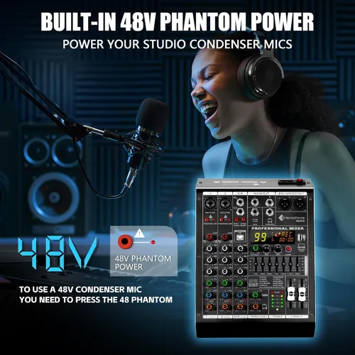 Miniatura 5 de Mezclador de audio de 4 canales, consola de tablero de sonido 99 DSP con alimentación Phantom de 48 V, mezclador DJ profesional para podcasting