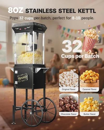 Miniatura 2 de Máquina de palomitas de maíz de 8 onzas con carro, máquina para hacer maíz con ruedas y hervidor de acero inoxidable que hace hasta 32 tazas, Negro