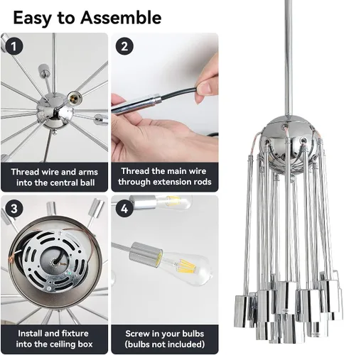 Miniatura 5 de Sputnik Candelabros modernos de 15 luces, lámpara plateada de techo de mediados de siglo, pantallas clásicas para comedor, cocina, pasillo