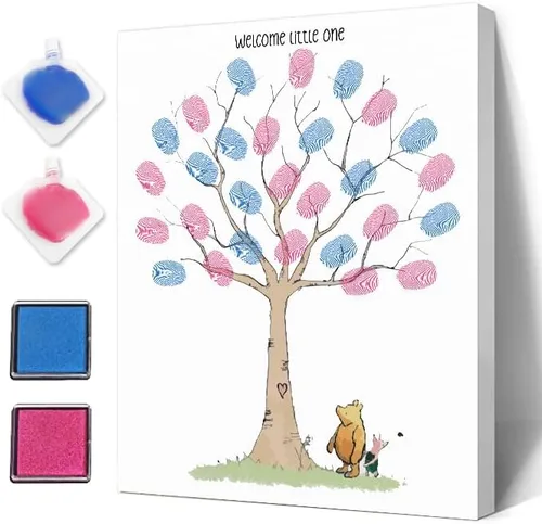 Miniatura 8 de Azbuk Libro de Invitados de Árbol de Huellas Dactilares para Revelación de Género para Baby Shower, Lienzo de Libro de Invitados de Huellas Animales