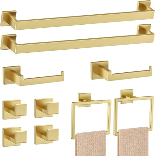 Juego de accesorios de baño de 10 piezas en oro cepillado Juego de barra de toallas doradas, toallero/estante para baño, juego de accesorios de baño