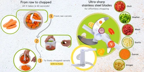 Miniatura 4 de Picador Brieftons Quickpull. Picador de alimentos: poderoso cortavegetales/picadora/licuadora manual para trocear frutas, verduras, frutos secos