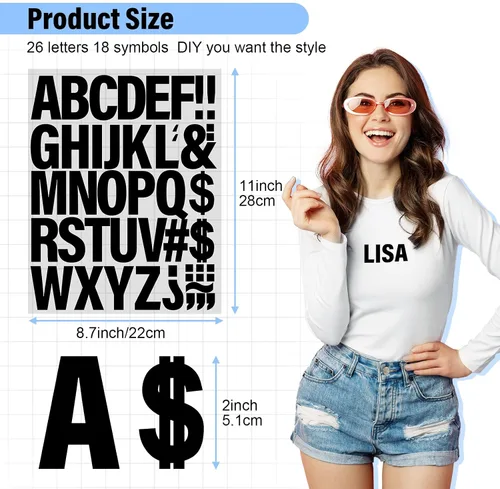 Miniatura 2 de 10 hojas, 440 piezas de letras termoadhesivas para ropa, letras de transferencia térmica de 2 pulgadas, letras de vinilo negro termoadhesivas
