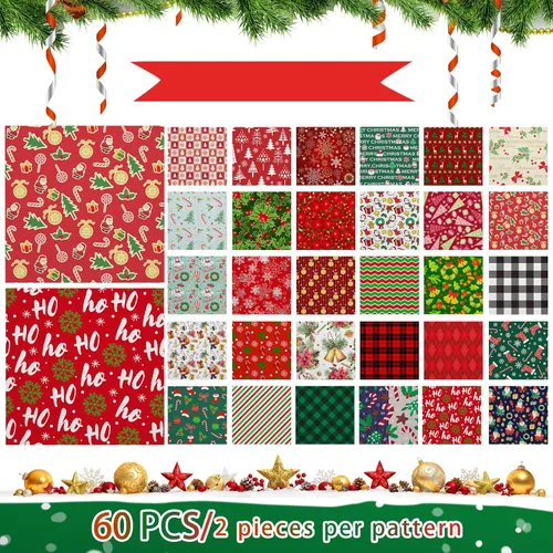 Miniatura 3 de Shimeyao 60 Piezas Paquetes de Tela de Navidad Costura Acolchado Muñeco de Nieve Papá Noel Alce Copo de Nieve Estampado Cuartos Gruesos Cuadrados