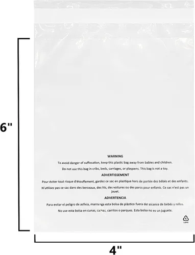 Miniatura 2 de Bolsas de polietileno transparente autosellantes de 4 x 6 pulgadas (paquete de 1000) con advertencia de asfixia - Adhesivo permanente - Cumple