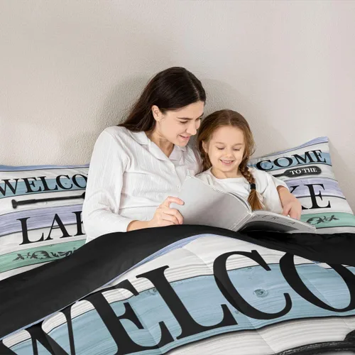 Miniatura 5 de Juego de ropa de cama King para casa del lago, juego de edredón de paleta de madera retro para regalos para amantes del lago, inserto de edredón
