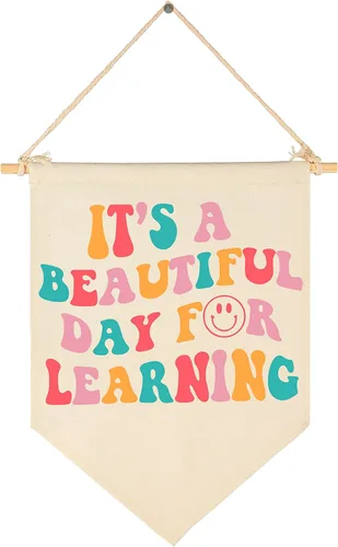 Cartel de pared para aula, regalo para profesores, letrero de sala de lectura, texto en inglés "It's A Beautiful Day for Learning", lienzo