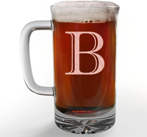 Taza de cerveza de vidrio con monograma grabado de 16 onzas (letra B), regalos de cerveza personalizados de la A-Z para hombres, Día del Padre,