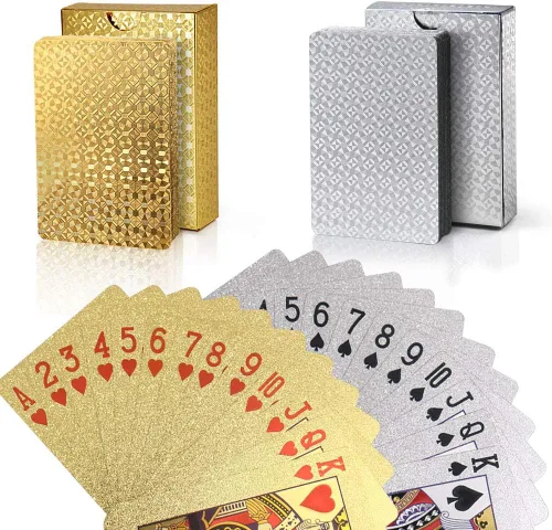 Miniatura 7 de Joyoldelf 2 barajas de cartas de juego de 24 quilates, póquer impermeable con patrón de dólar en caja de regalo, 1 oro + 1 plata