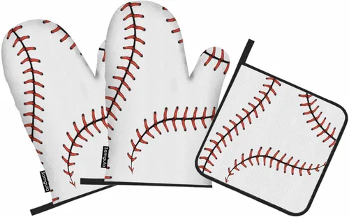 Juego de guantes de horno y soportes para ollas de béisbol, diseño de cordones de softbol, resistentes al calor, 3 piezas para cocinar, hornear,