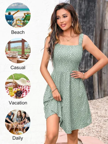 Miniatura 4 de HUHOT - Vestido casual de verano para mujer, con cuello cuadrado y bolsillo, bonito vestido por debajo de la rodilla, sin mangas, con cintura alta