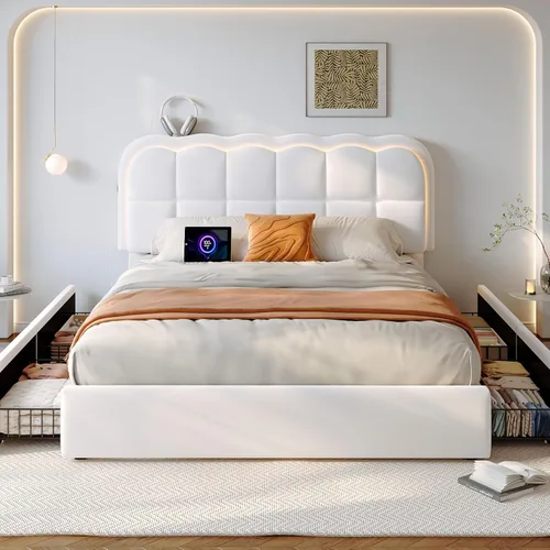 Miniatura 13 de CypBed Base de cama individual con cajones de almacenamiento y cabecero, base de cama LED tapizada de terciopelo para niños, marco de cama de metal