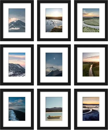 Wiscet Juego de 9 marcos de fotos de 8 x 10 pulgadas, muestra fotos de 5 x 7 pulgadas con paspartú o de 8 x 10 pulgadas sin paspartú, marco de fotos