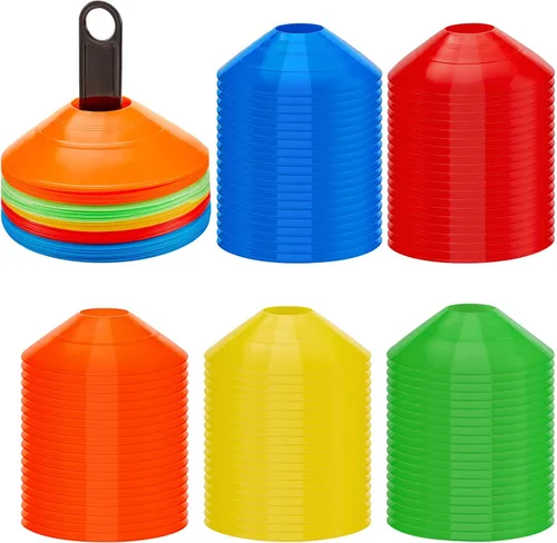 Lewtemi - Juego de 100 conos de disco de fútbol, conos de entrenamiento deportivo, marcador de campo multicolor de plástico con 2 soportes para