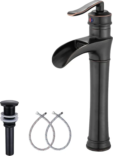 Miniatura 16 de Grifo de baño de cascada de latón antiguo GGStudy con una sola manija de un agujero, grifo de lavabo de baño a juego con drenaje desplegable