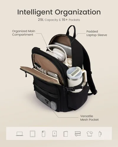 Miniatura 4 de LOVEVOOK Mochila para laptop para mujeres/hombres con correa de hebilla mejorada para portavasos y bolsillo de malla versátil, Negro, 15,6 pulg.