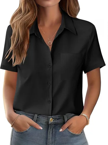 Miniatura 23 de Zeagoo Blusa de manga corta con botones para mujer, con bolsillo en el busto, para negocios, casual, para el trabajo, trajes de verano
