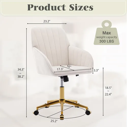 Miniatura 3 de Silla de tocador de terciopelo con ruedas, silla giratoria de maquillaje de altura ajustable, silla de escritorio pequeña sin brazos para Blanco-2