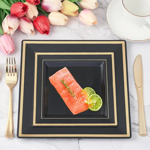 Miniatura 6 de JOLLY CHEF 125 piezas de platos cuadrados de plástico negro y dorado, incluyendo 25 desechables para cena, 25 para postre, 25 cuchillos, 25