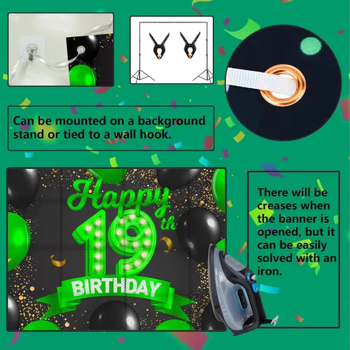 Miniatura 5 de Cartel de feliz cumpleaños 19 color verde y negro, decoración temática de globos de confeti para niñas y mujeres de 19 años, suministros