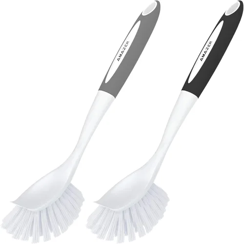 Amazer Cepillo para Platos, Paquete de 2 Cepillos Fregaplatos con Mango, Cepillos para Platos de Cocina, Cepillo de Fregar con Cerdas Rígidas para