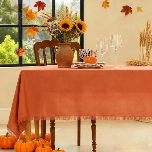 Miniatura 8 de Midsummer Breeze Mantel cuadrado de algodón rústico, mantel de arpillera con flecos para Halloween, Acción de Gracias, Navidad, cocina, comedor