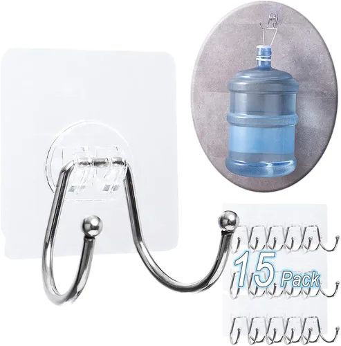 Paquete de 15 ganchos grandes de pared adhesivos dobles, sin daños, impermeables, de 33 libras máximo, resistentes, para colgar, transparentes, sin