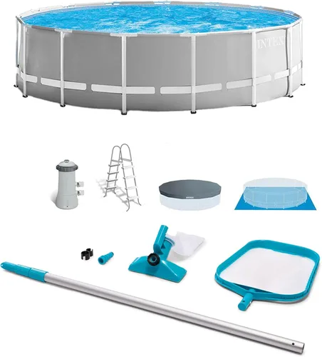 Intex Juego de piscina con marco prisma de 15 x 48 pulgadas sobre el suelo con bomba de filtro, escalera, cubierta de piscina y kit de limpieza de
