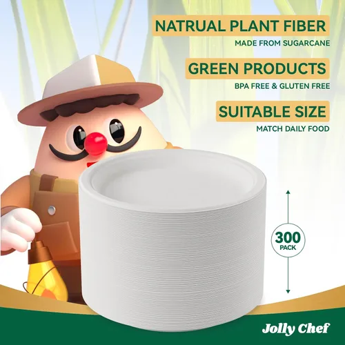 Miniatura 6 de JOLLY CHEF Platos compostables de alta resistencia y resistentes, ecológicos, desechables, de papel blanco, sin recubrimiento, bagazo, caña