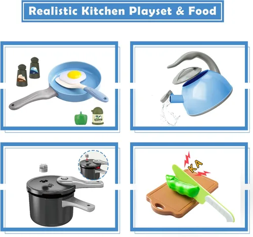 Miniatura 5 de Bruvoalon Juego de 67 piezas de juguetes de cocina para niños, juego de cocina de imitación para niños pequeños con ollas, sartenes, utensilios