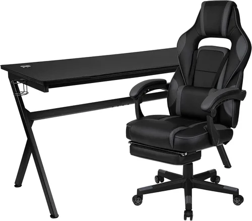 Miniatura 55 de Flash Furniture Juego de escritorio para juegos negro y silla de carreras blanco/negro con soporte para tazas, gancho para auriculares y soporte