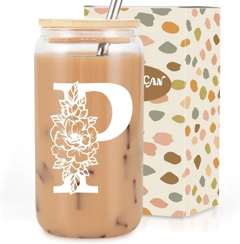 Miniatura 20 de Taza de Vidrio Inicial Coolife, Regalos Personalizados con Monograma para Mujeres, Tazas de Vidrio de 16 oz con Tapas y Popotes, Taza de Café