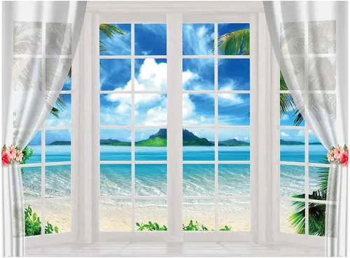 Allenjoy Fondo de ventana de playa de verano de 8 x 6 pies, telón de fondo hawaiano tropical para fotografía, isla del océano, hojas de palma, Luau,
