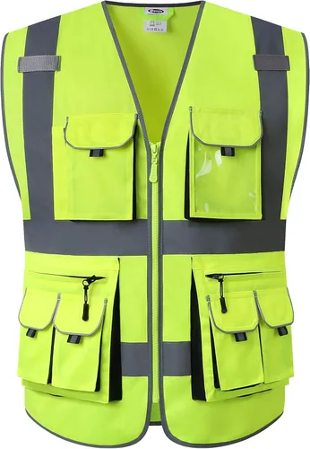JKSafety Chaleco de seguridad con 10 bolsillos, clase 2, de alta visibilidad, con cremallera frontal amarilla, con tiras reflectantes, cumple con