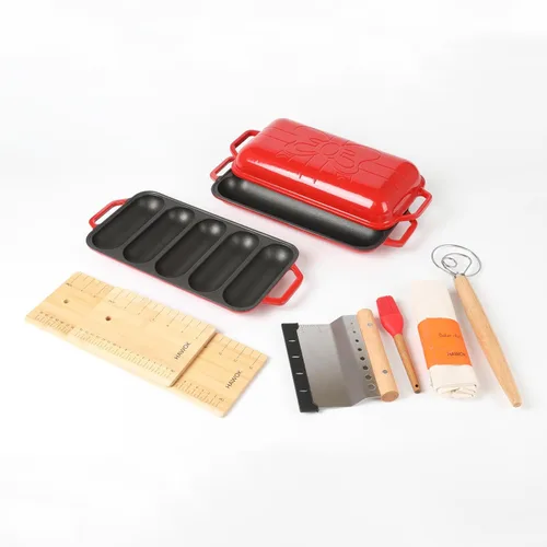 Miniatura 10 de HAWOK Pan de baguette de hierro fundido pre-sazonado, juego de hornear 3 en 1 con bandeja completa de baguette, mini bandeja de 5 ranuras y bandeja