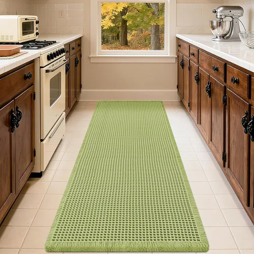 Miniatura 81 de IM HOME Tapete de baño de punto gofre, color caqui, de 24 x 17 pulgadas, tejido bohemio, moderno, absorbente, antideslizante, suave, lavable