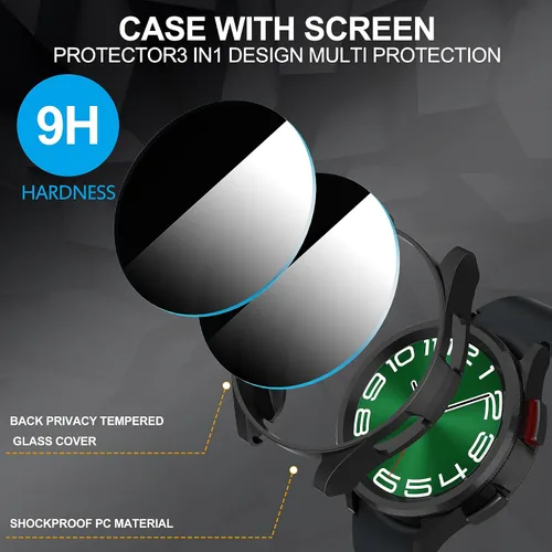 Miniatura 4 de Suoman Paquete de 4+4 fundas para Samsung Galaxy Watch 6 Classic de 1.772 pulgadas (1.850 in), protector de pantalla de privacidad de vidrio