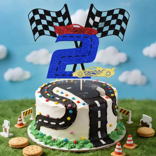 Miniatura 2 de Sleyberoy Decoración de pastel de coche de carreras con bandera a cuadros, decoración de pastel de karting, temática de carreras deportivas