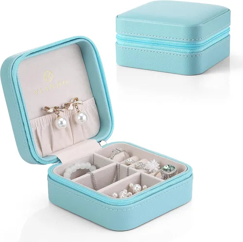Vlando Pequeña caja de joyería pequeña, caja de almacenamiento de joyas de viaje de piel sintética, aretes, anillos, collares, el mejor regalo para
