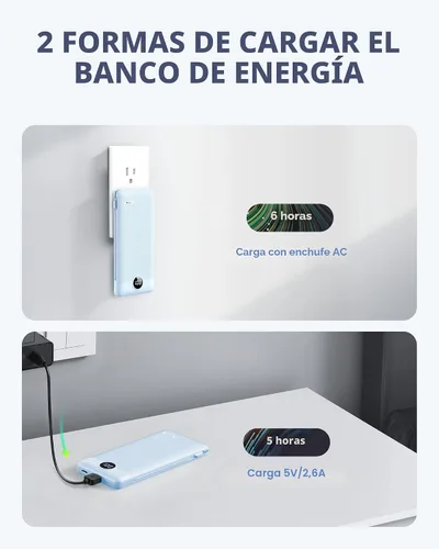 Miniatura 5 de VRURC - Cargador portátil con cables integrados y enchufe de pared AC, banco de energía USB C de 10000 mAh, cargador de teléfono compacto y ligero