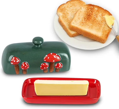 Miniatura 2 de Mantequera de Cerámica en Forma de Seta con Tapa para Encimera - Bandeja de Contenedor Rojo, Grande Cubierta
