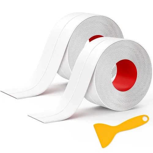 Mokani Cinta de Calafateo Impermeable Autoadhesiva, 2 Rollos de Tira Selladora de Calafateo Blanca para Cocina, Encimera, Baño, Fregadero, Bañera,
