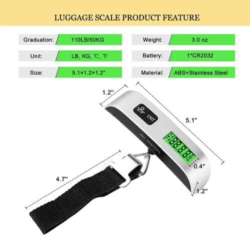 Miniatura 4 de HalyCares - Báscula de equipaje peso digital portátil para maleta asistente de equipaje de viaje sensor de temperatura 110 libras batería CR2032