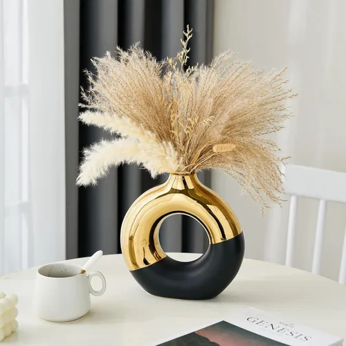 Miniatura 2 de FJS Jarrón redondo de cerámica en forma de rosquilla, 8 pulgadas de largo x 8 pulgadas de alto, color negro y dorado, para hierba de las pampas