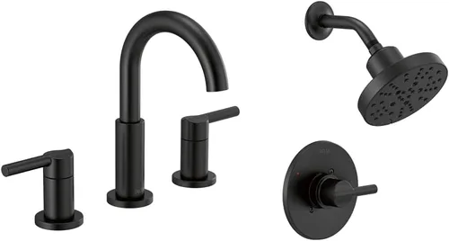 Delta Faucet Nicoli - Grifo de baño generalizado de 3 agujeros y grifo de ducha Nicoli serie 14 de un solo mango, kit de molduras de ducha con